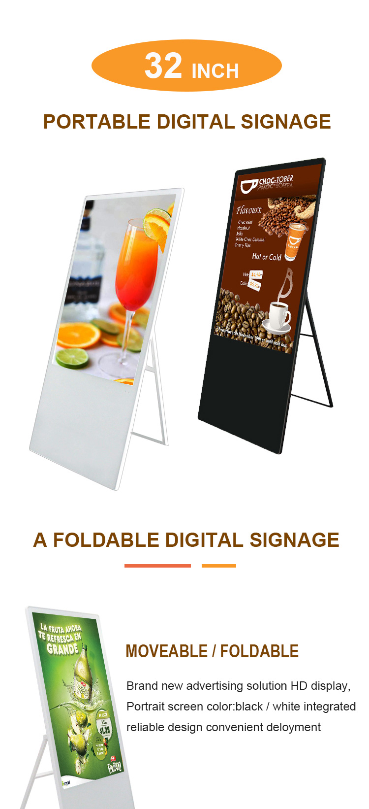 Indoor application full HD 1080P Android 32inch portable digital signage lcd ads display