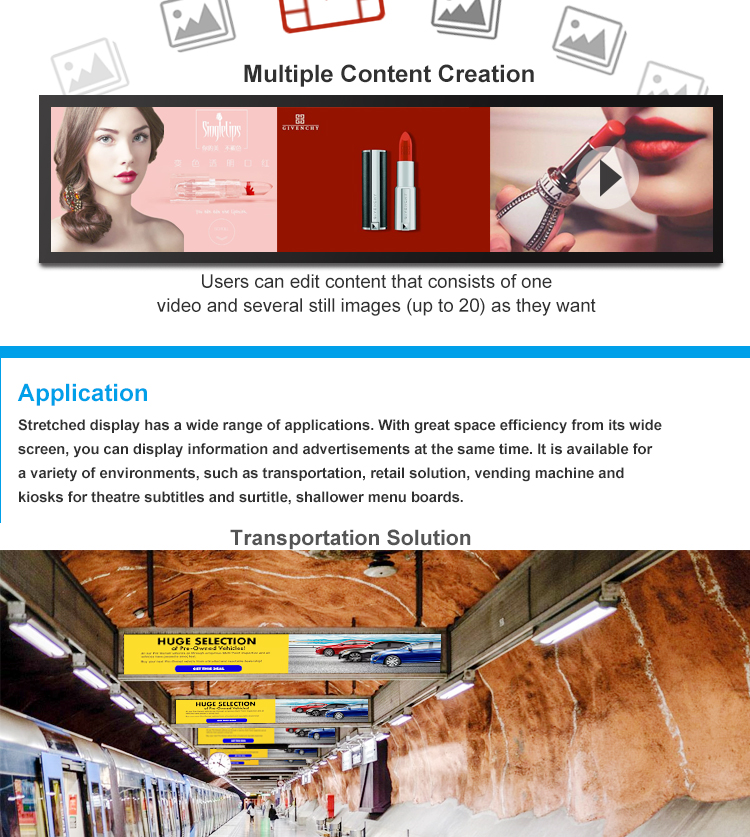 Color bar lcd display screen ultra wide stretched type for digital menu boards