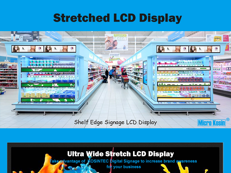 Color bar lcd display screen ultra wide stretched type for digital menu boards