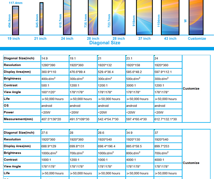 Color bar lcd display screen ultra wide stretched type for digital menu boards