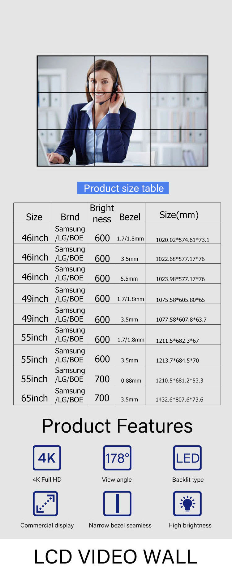 Indoor and outdoor support 49inch 3.5mm hd advertising video wall lcd 3x3 lcd tv wall