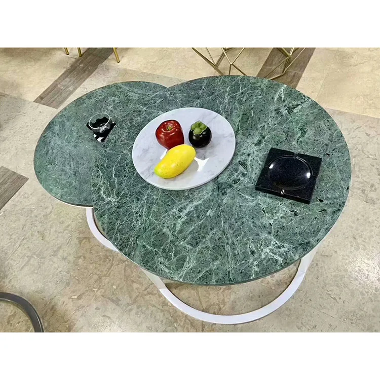 D60X42Cm Double White Round Metal Coffee Table Marble