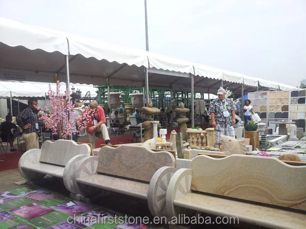 Banco de piedra para jardín con respaldo de granito blanco y gris G603, proyecto personalizado