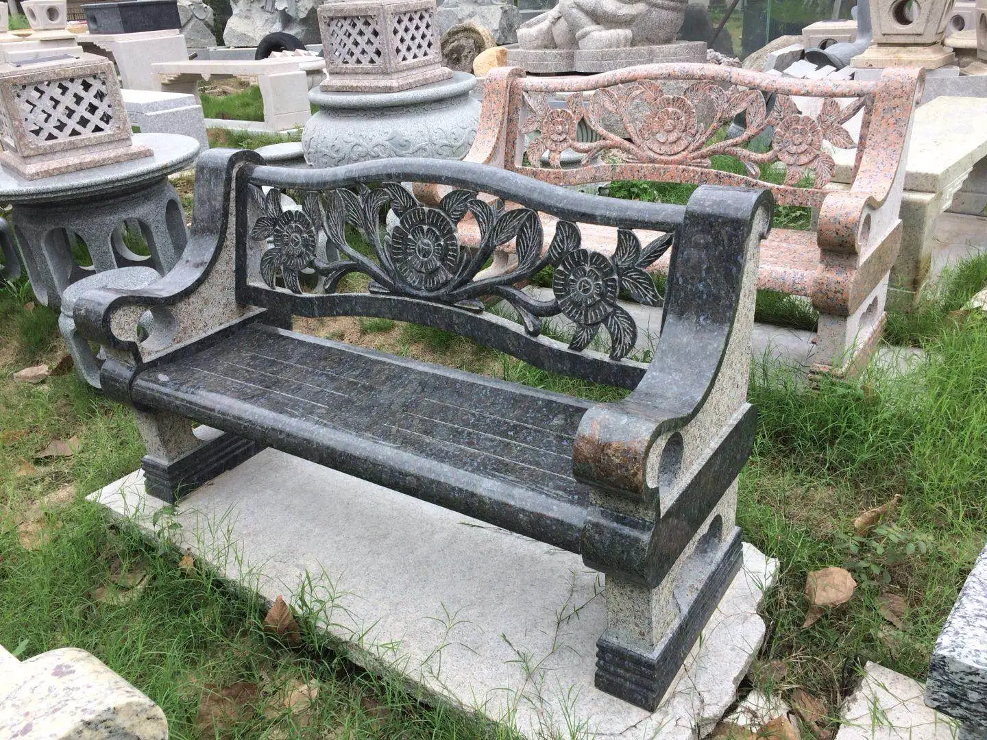 Chinese Style Outdoor Butterfly Blue Granite Garden Decoration with Flower Carving Stone Long Bench With Backrest