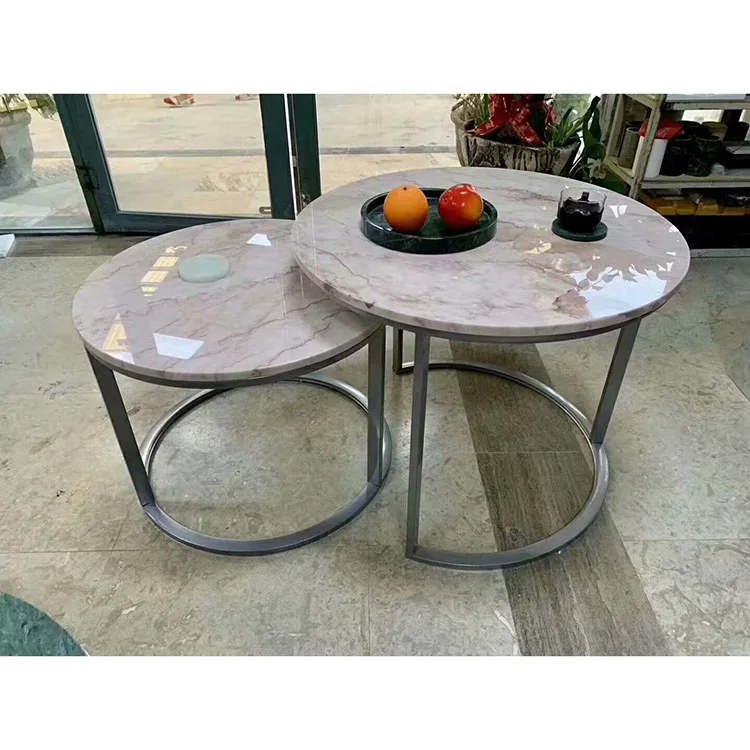D60X42Cm Double White Round Metal Coffee Table Marble