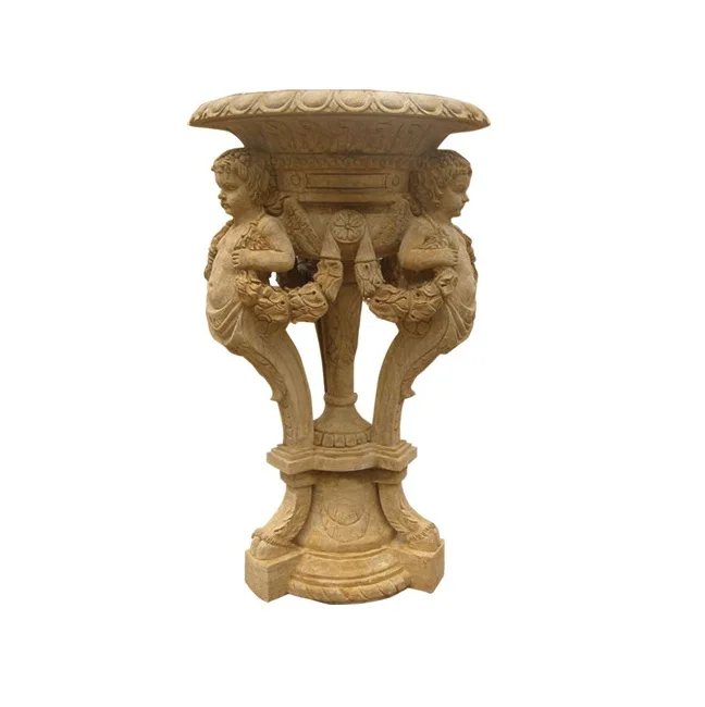 Estatua de cabeza de mujer de mármol beige, amarillo y blanco pulido para jardín de hotel, exterior e interior, 2021, maceta grande