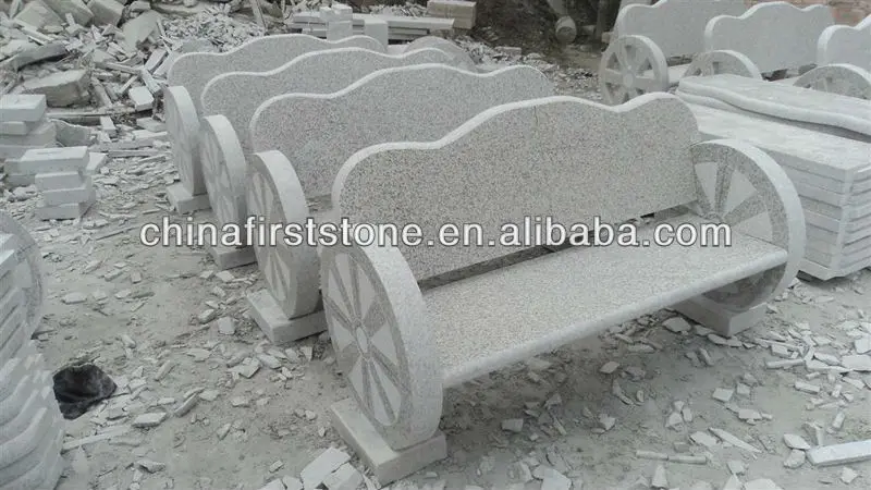 Banco de piedra para jardín con respaldo de granito blanco y gris G603, proyecto personalizado