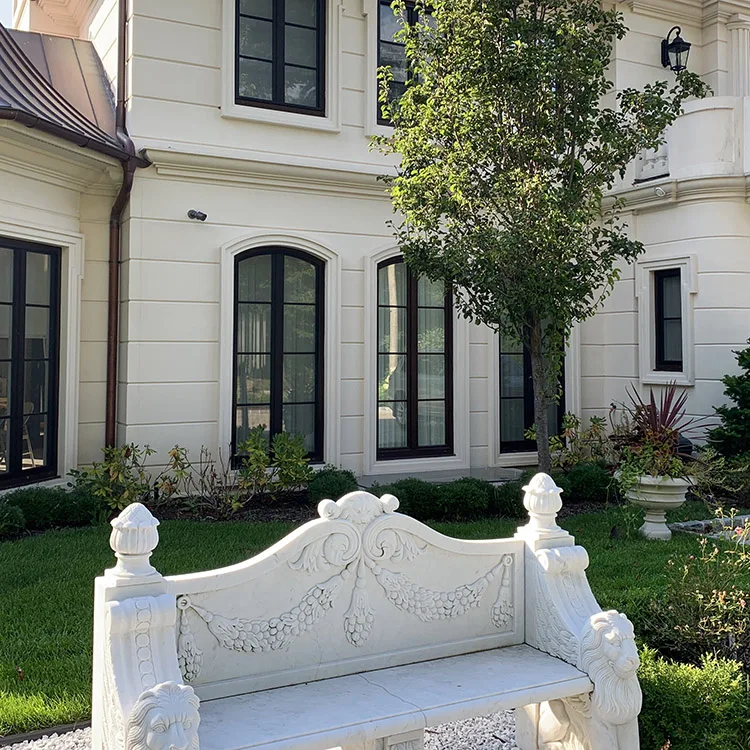 Banco de piedra para jardín con respaldo de granito blanco y gris G603, proyecto personalizado