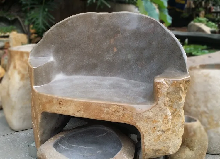 Banco de piedra para jardín con respaldo de granito blanco y gris G603, proyecto personalizado