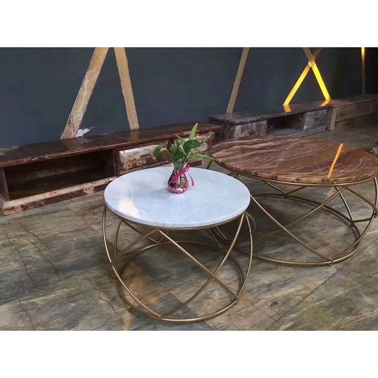 D60X42Cm Double White Round Metal Coffee Table Marble