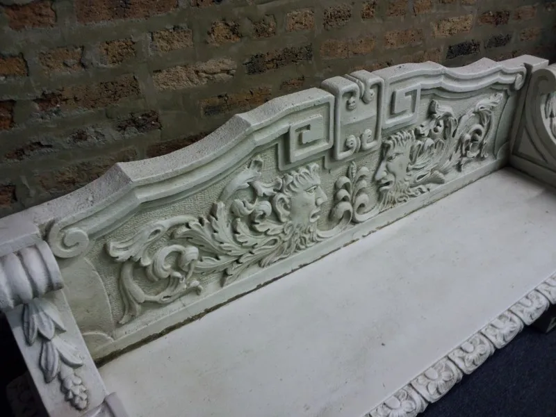 Banco de piedra para jardín con respaldo de granito blanco y gris G603, proyecto personalizado