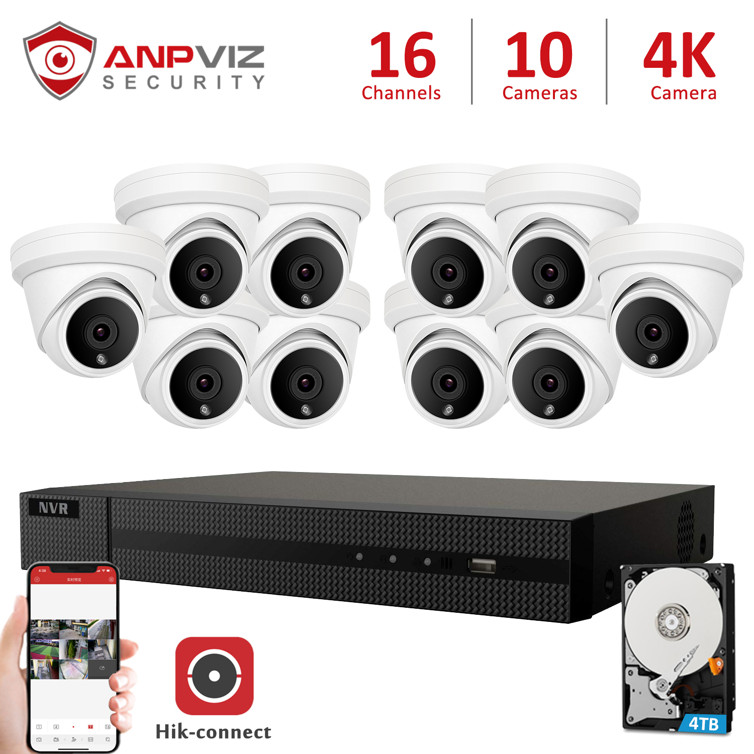 Anpviz 16CH NVR 10Pcs 4K 8MP Turret POE IP Camera NVR Kit Outdoor ...