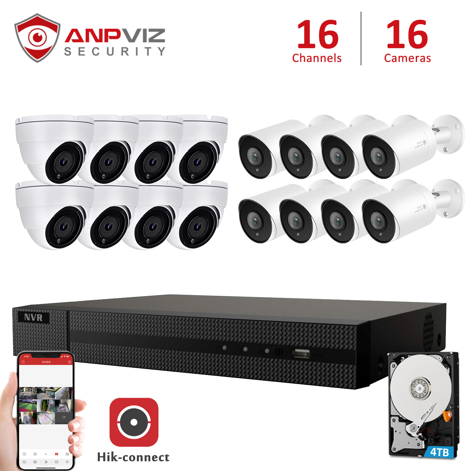 Anpviz Sistema de seguridad de cámara IP PoE de 5MP, cámara IP domo POE de  5MP 4 piezas IP66 Cámara de torreta para exteriores, H.265+ 4K 8MP 8CH NVR  con 2TB HDD