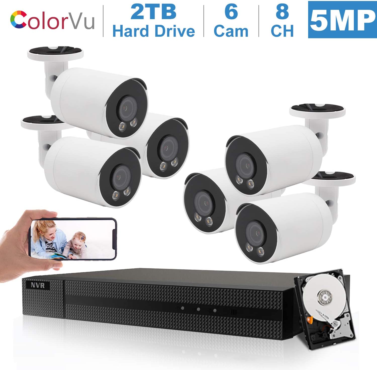 Anpviz 5MP IP POE Security Camera System, 8CH 4K H.265 NVR With 2TB HDD ...