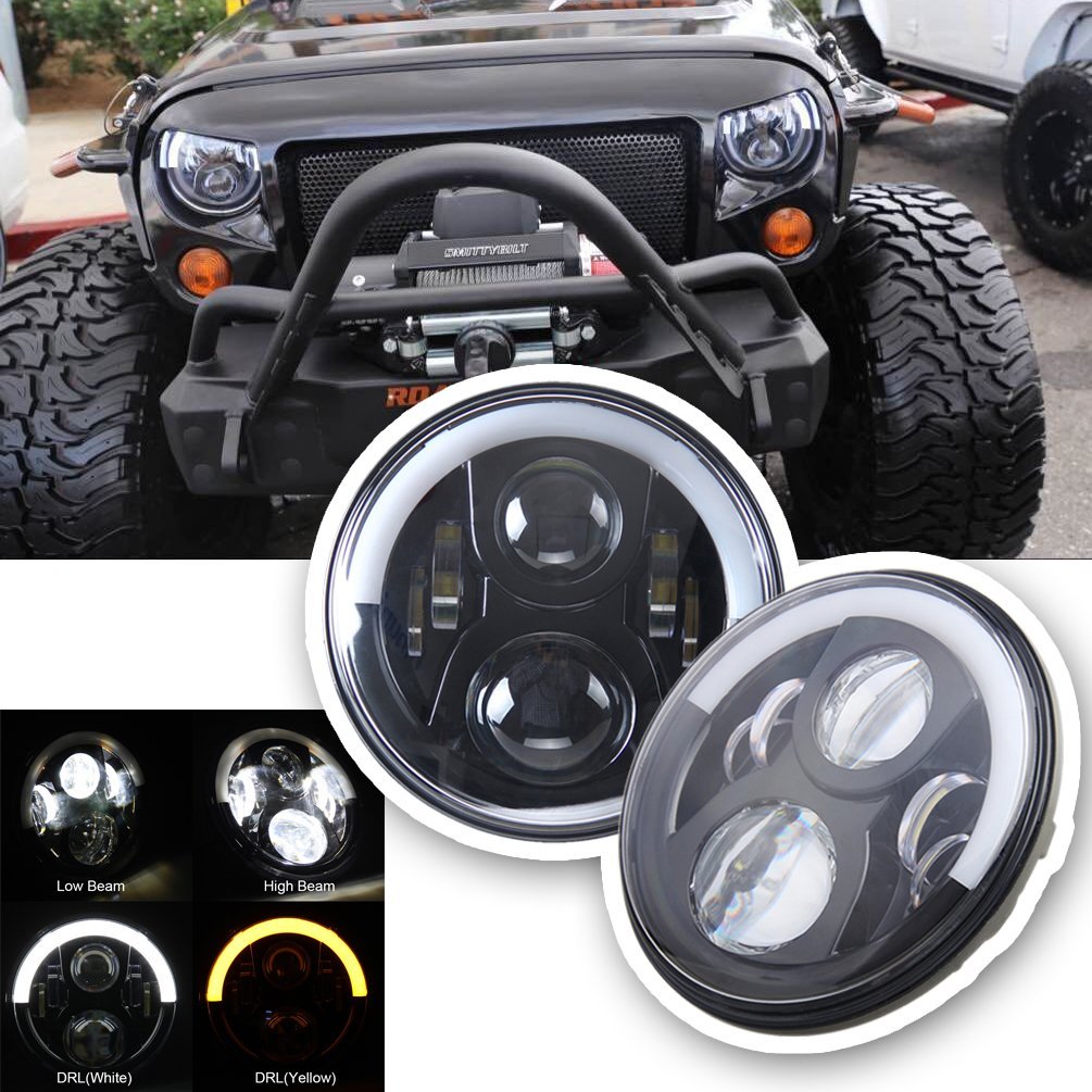 7" inch 72W LED Headlight Motorcycle Projector with Halo Angle Eyes DRL Amber Turn Signals Kit For Jeep Wrangler JK