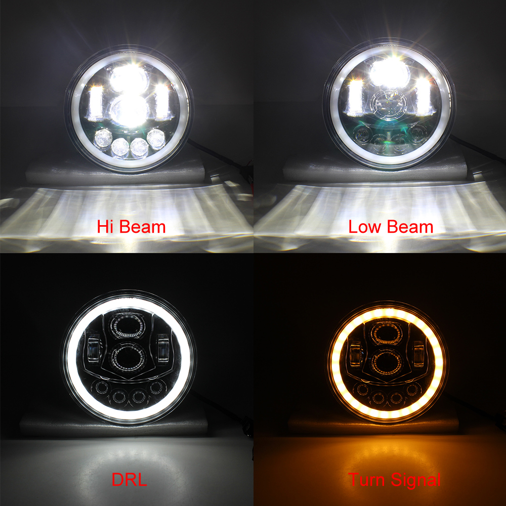 Kit For Jeep Wrangler JK Motorcycle 7Inch Round LED Headlight Halo Amber Turn Signal DRL Projector