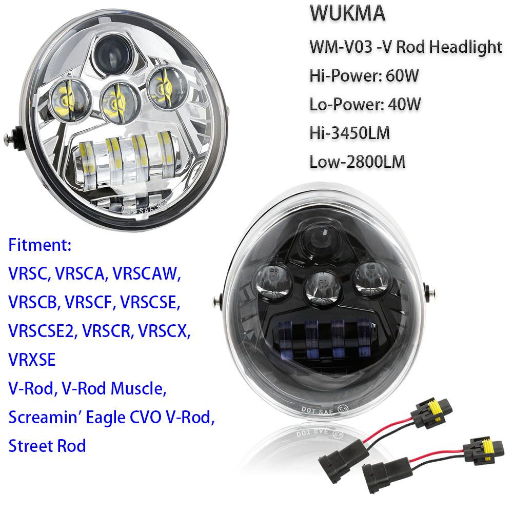 Compatible For V Rod VRSCF VRSC VRSCR 2002-2017 60W Vrod LED Front Headlight HI/Low Beam Motorcycle Headlamp