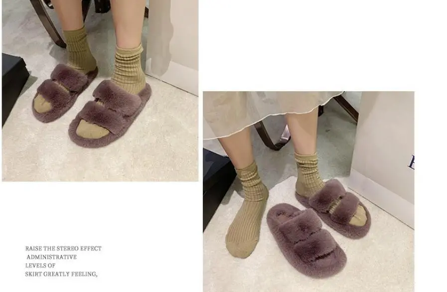 Women Furry Slides Flatfemale Fluffy Fur Home Morning Slippers Fashion
