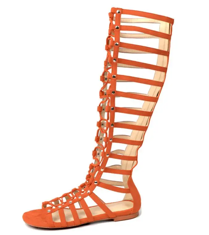 Sexy Lace up Suede Upper Flat Sole Thigh High Gladiator Sandals for Women Ladies and Girl Women's Sandals Fashion Heel Lady Sandal Slipper Footwear Summer Yoga