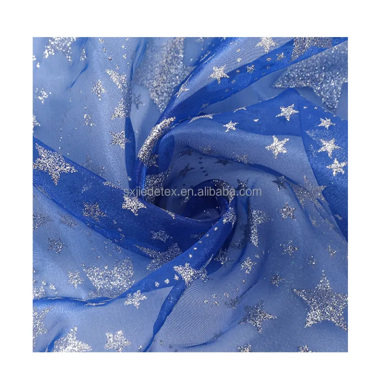 Jiede - Blue Silver Print Crystal Lace Glitter Voile Tulle Wedding Organza  Dress Fabric Sheer With Star Printed 100% Polyester Shiny Glitter Fabric