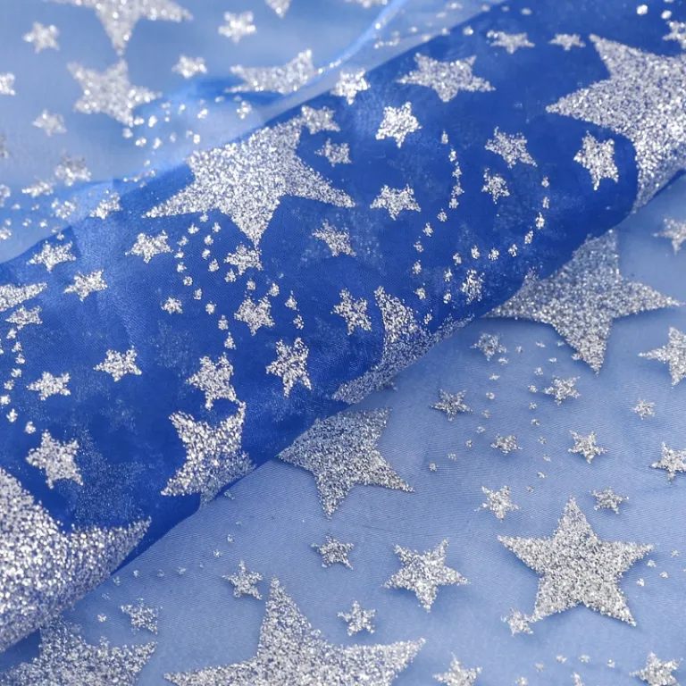 Jiede - Blue Silver Print Crystal Lace Glitter Voile Tulle Wedding Organza Dress Fabric Sheer With Star Printed 100% Polyester Shiny Glitter Fabric Jiede - Blue Silver Print Crystal Lace Glitter Voile Tulle Wedding Organza Dress Fabric Sheer With Star Printed 100% Polyester Shiny Glitter Fabric