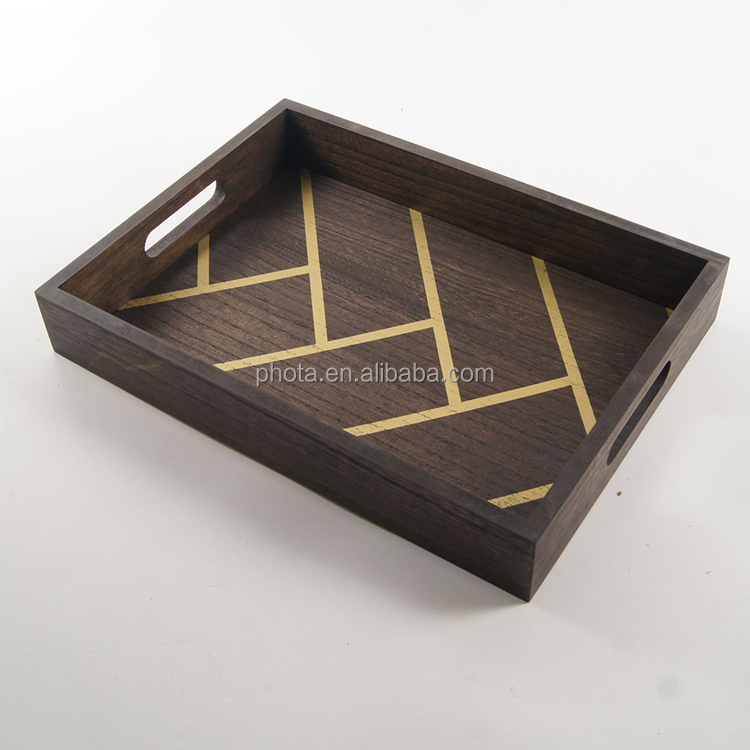 Decorative Coffee Table Tray - Wood with Gold Herringbone Design