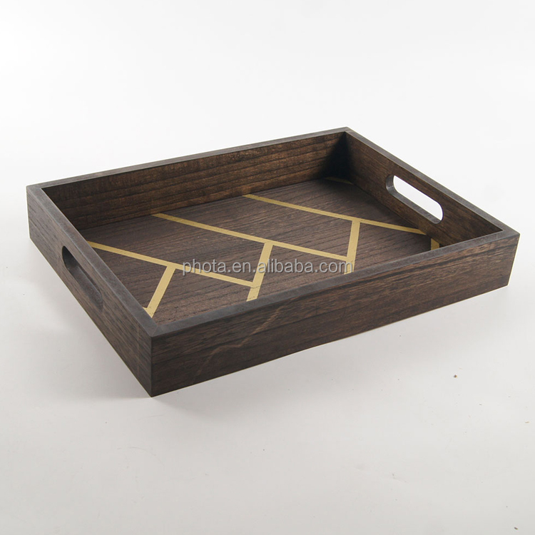 Decorative Coffee Table Tray - Wood with Gold Herringbone Design