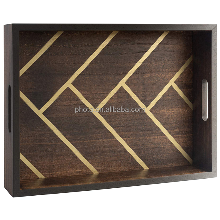 Decorative Coffee Table Tray - Wood with Gold Herringbone Design