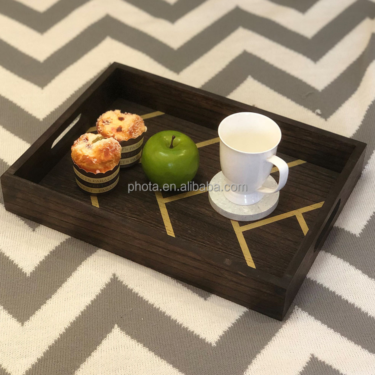 Decorative Coffee Table Tray - Wood with Gold Herringbone Design