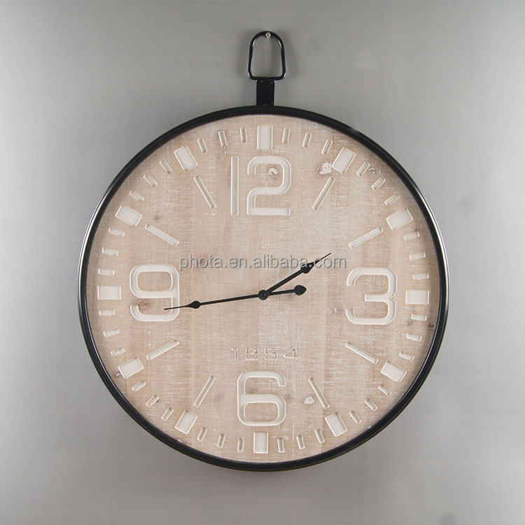 24" 60cm Phota extra Large rustic Metal frame with Natural solid Wooden face Vintage Wall Decor Clock