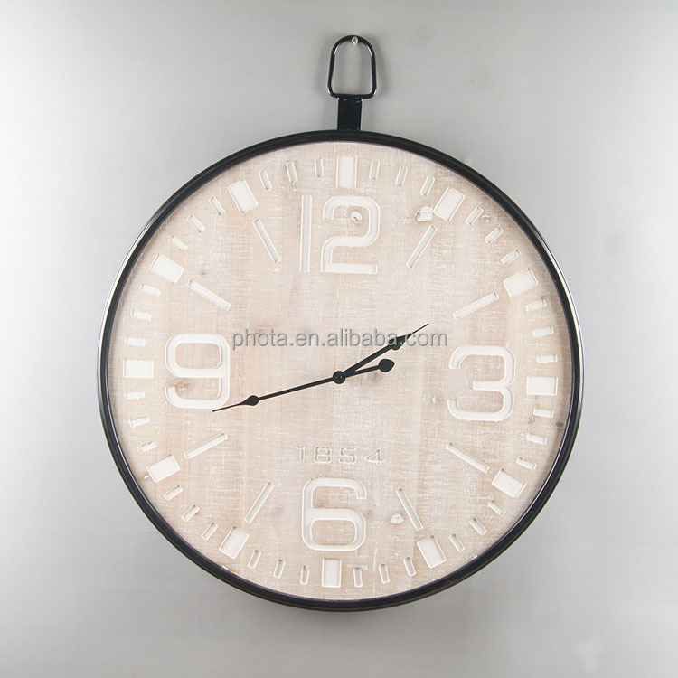 24" 60cm Phota extra Large rustic Metal frame with Natural solid Wooden face Vintage Wall Decor Clock