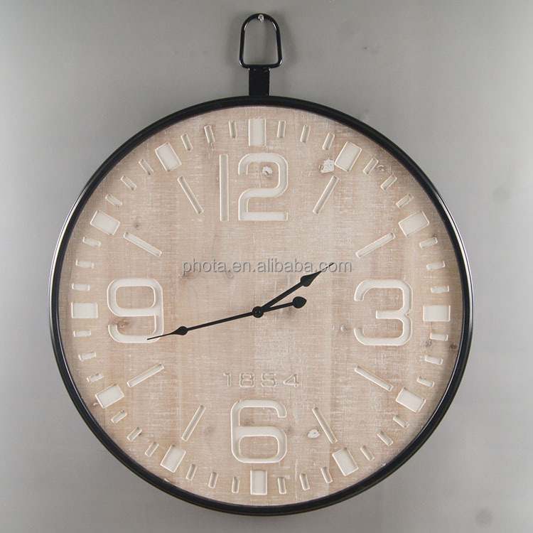 24" 60cm Phota extra Large rustic Metal frame with Natural solid Wooden face Vintage Wall Decor Clock