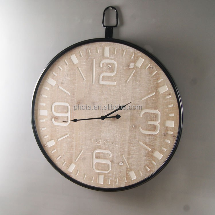 24" 60cm Phota extra Large rustic Metal frame with Natural solid Wooden face Vintage Wall Decor Clock
