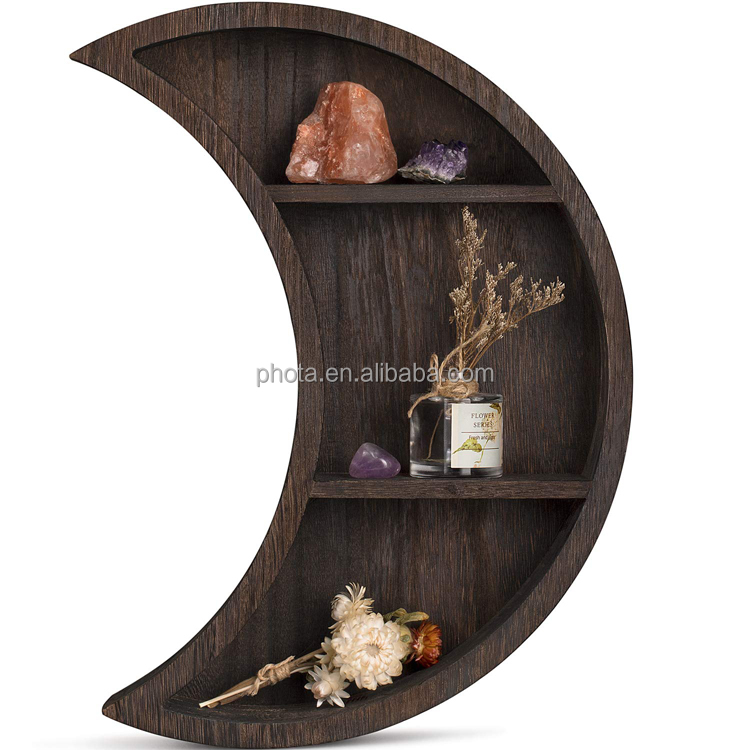 Antique Bathroom wood wall decor Mounted Wooden Floating Moon Shelf for Home Decor