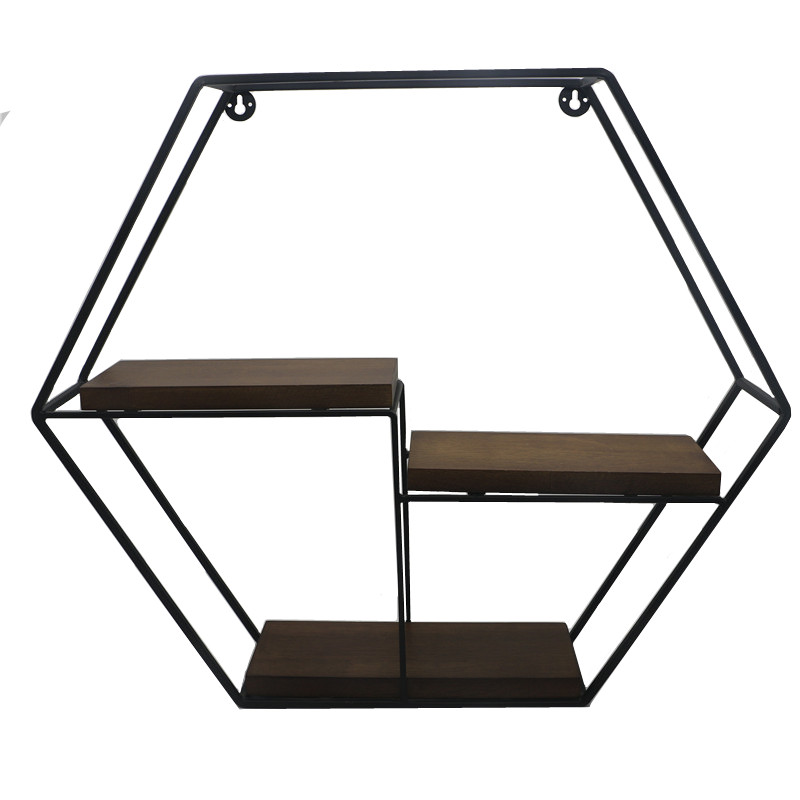 Living room furniture iron wood shelf geometric wall floating shelves