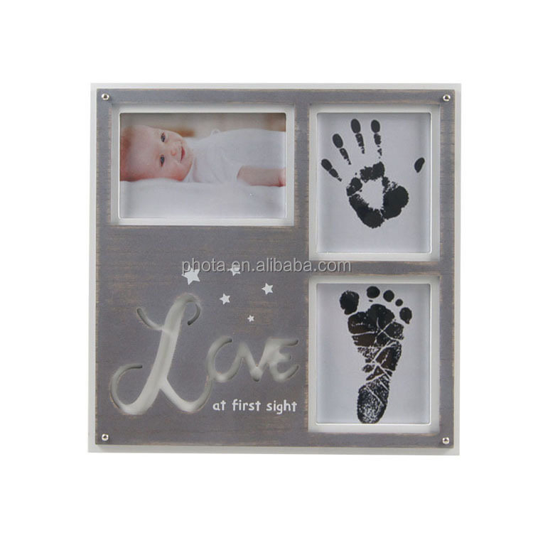 Newborn Baby Handprint and Footprint Picture Frame Kit -Special Cut 12.6x 12.2 White/Gray Wood Frame