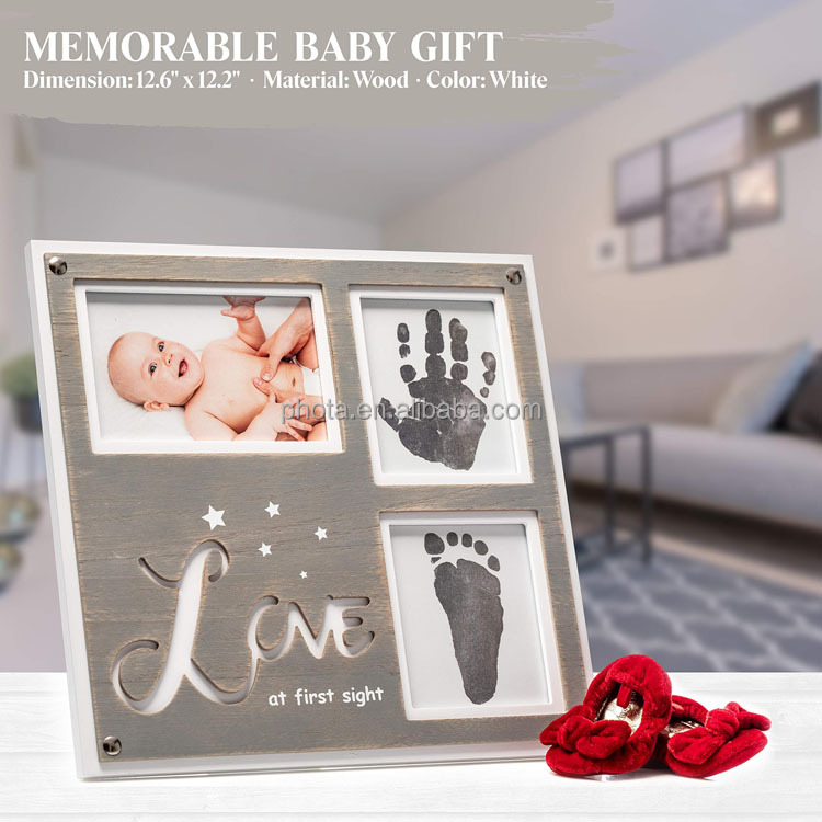 Newborn Baby Handprint and Footprint Picture Frame Kit -Special Cut 12.6x 12.2 White/Gray Wood Frame