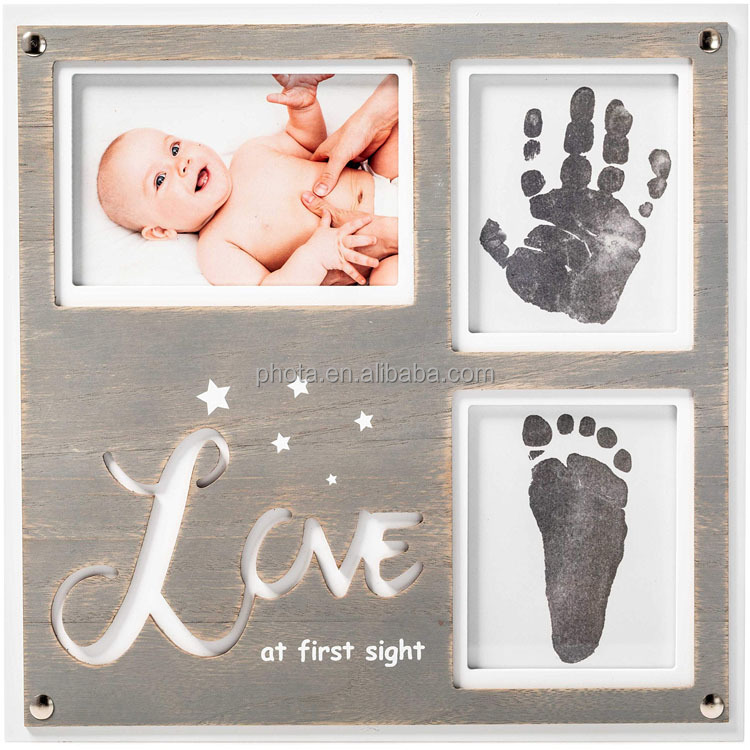 Newborn Baby Handprint and Footprint Picture Frame Kit -Special Cut 12.6x 12.2 White/Gray Wood Frame