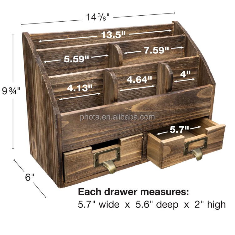 Phota High Quality Rustic Wood Office Desk Organizer Includes 6 Compartments and 2 Drawers