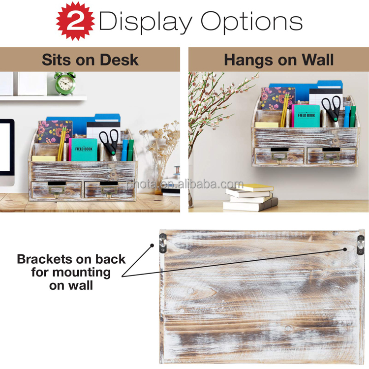 Phota High Quality Rustic Wood Office Desk Organizer Includes 6 Compartments and 2 Drawers