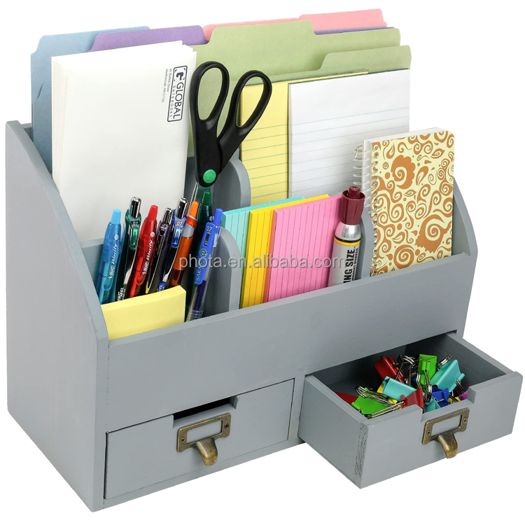 Phota High Quality Rustic Wood Office Desk Organizer Includes 6 Compartments and 2 Drawers