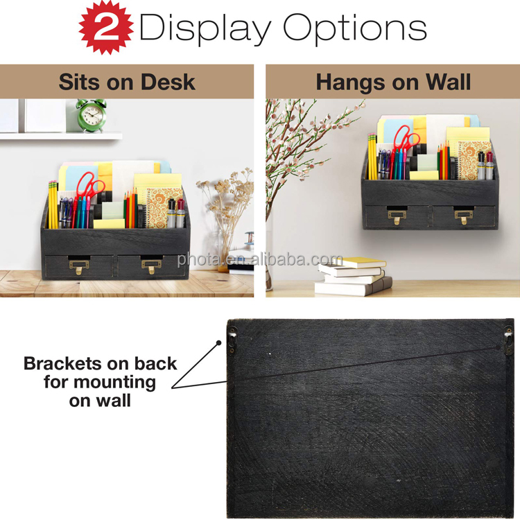 Phota High Quality Rustic Wood Office Desk Organizer Includes 6 Compartments and 2 Drawers
