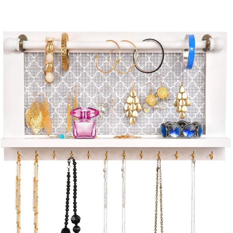 Wood Hanging Jewelry Organizer with Hooks Factory Price Wall Mounted White Customized Logo Customized Designs Accepatble PTJ0216