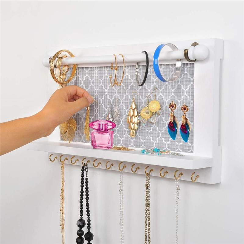 Wood Hanging Jewelry Organizer with Hooks Factory Price Wall Mounted White Customized Logo Customized Designs Accepatble PTJ0216