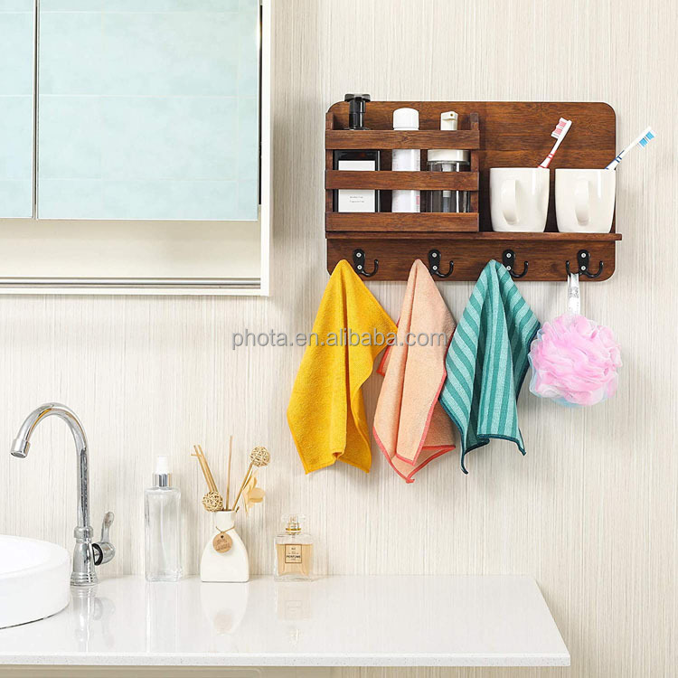 Phota Bamboo Key and Mail Holder for Wall Decorative - Mail Organizer Wall Mount, Entryway Organizer with 4 Key Rack Hooks