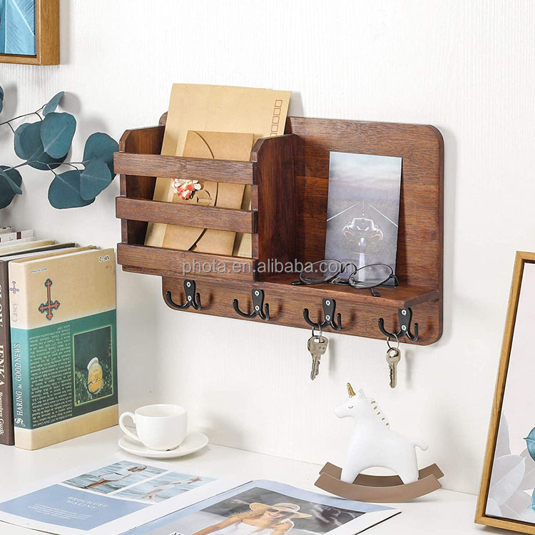 Phota Bamboo Key and Mail Holder for Wall Decorative - Mail Organizer Wall Mount, Entryway Organizer with 4 Key Rack Hooks