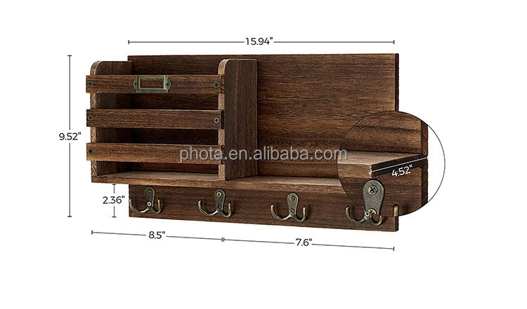 Mail Holder Organizer with Tags & 4 Double Key Hooks Rustic Wood Mail Sorter Key Holder Home Decor for Entryroom