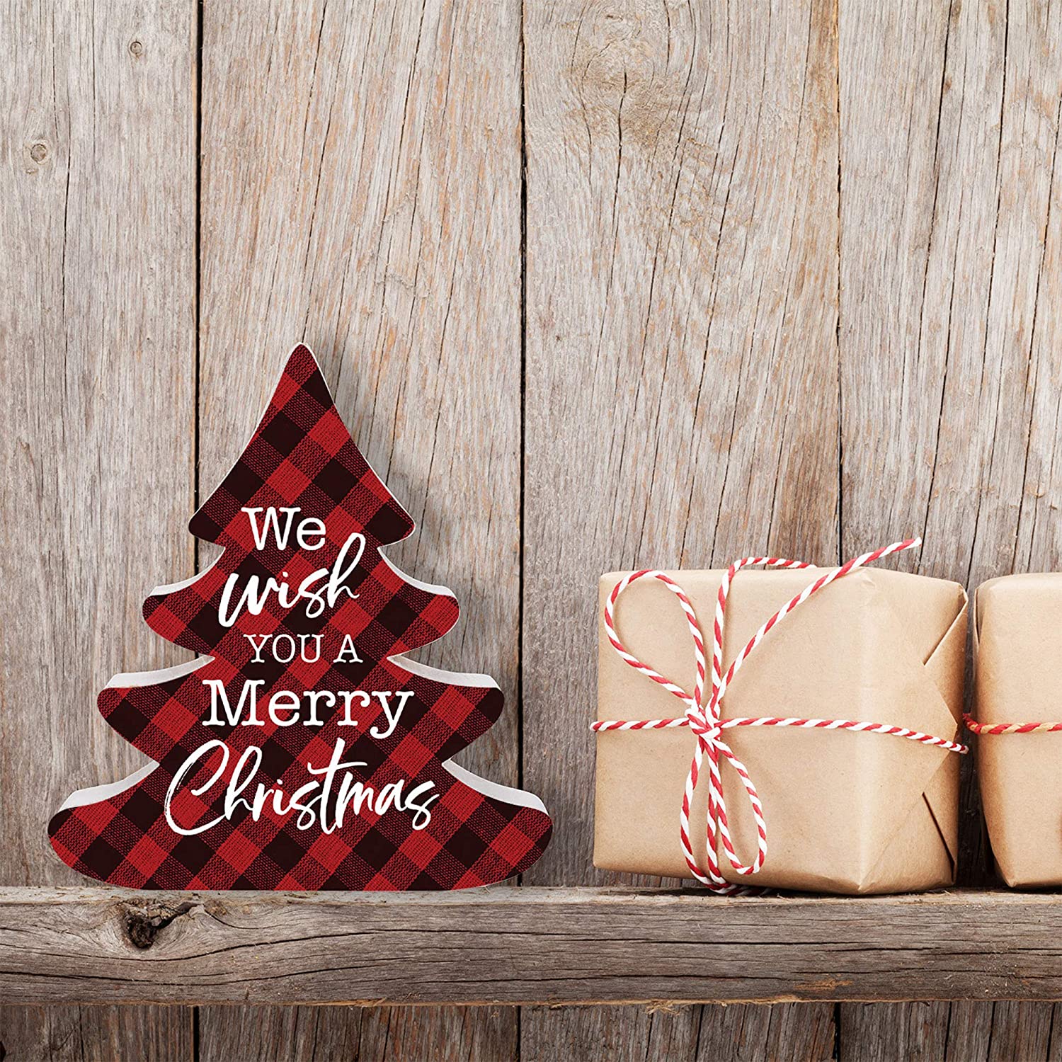 We Wish You A Merry Christmas Red Plaid Wood Christmas Shape Sign