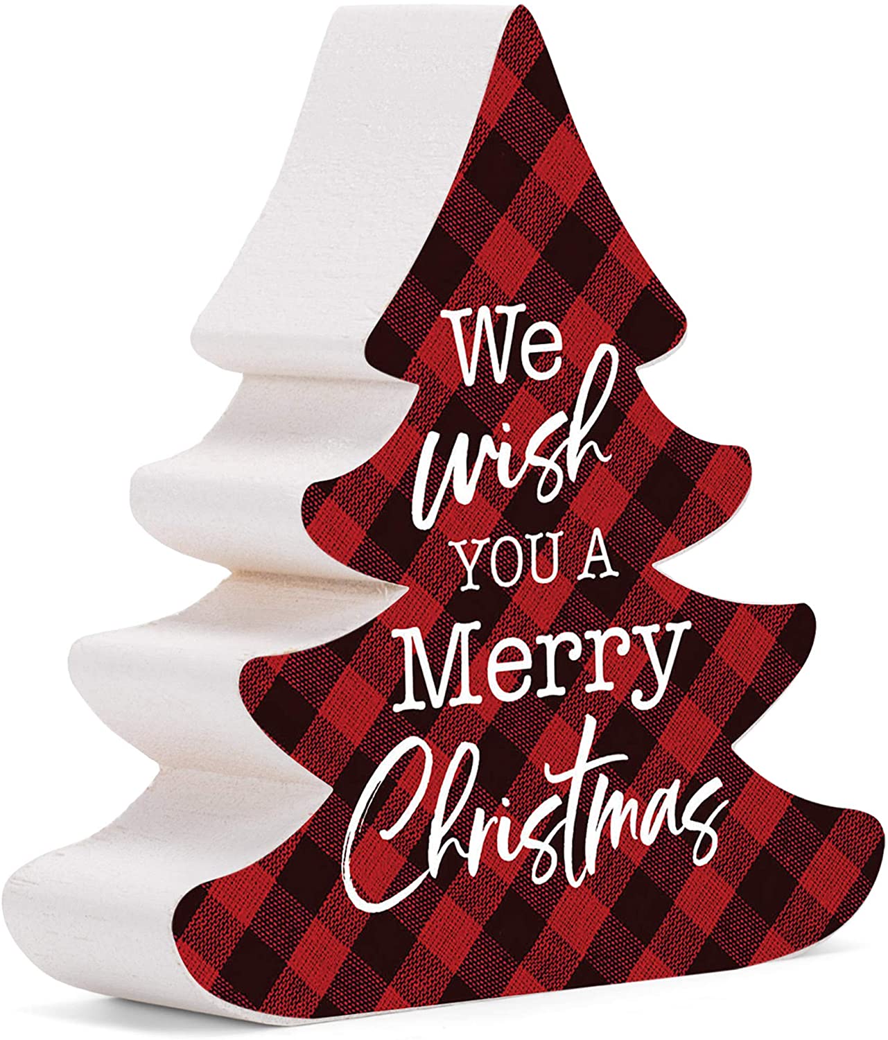 We Wish You A Merry Christmas Red Plaid Wood Christmas Shape Sign