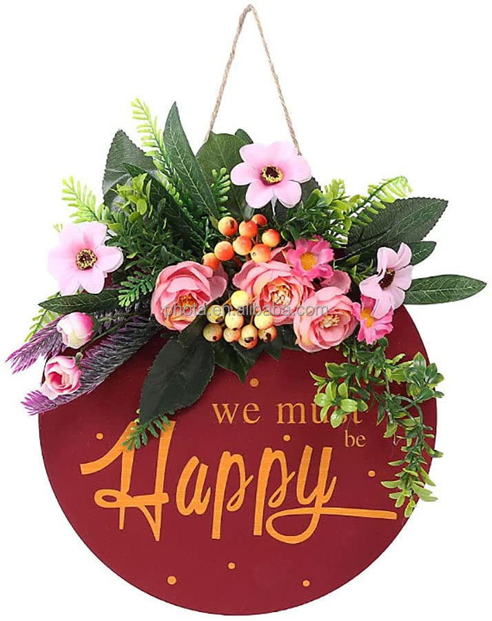 Round Wood Welcome Sign for Front Door Decor with "Home" Sign and Green Flowers Wreaths Hanging Sign